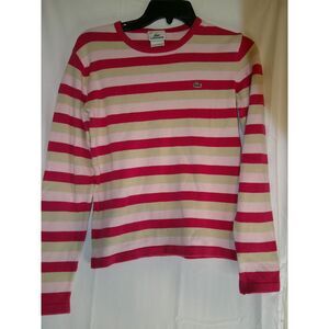 Lacoste Vintage Pink/Tan Striped Long Sleeve Cotton Crew Neck Sweater Classic 38